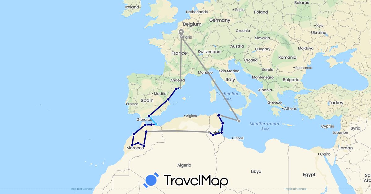 TravelMap itinerary: driving, plane, boat in Spain, France, Morocco, Malta, Tunisia (Africa, Europe)